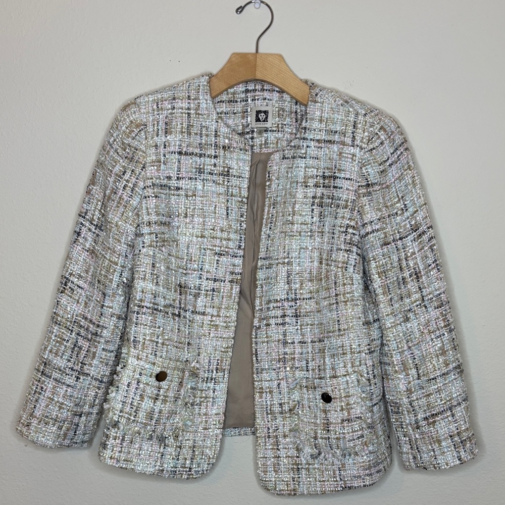 ANNE KLEIN Novelty Sequin Tweed Jacket with Fringe Pockets